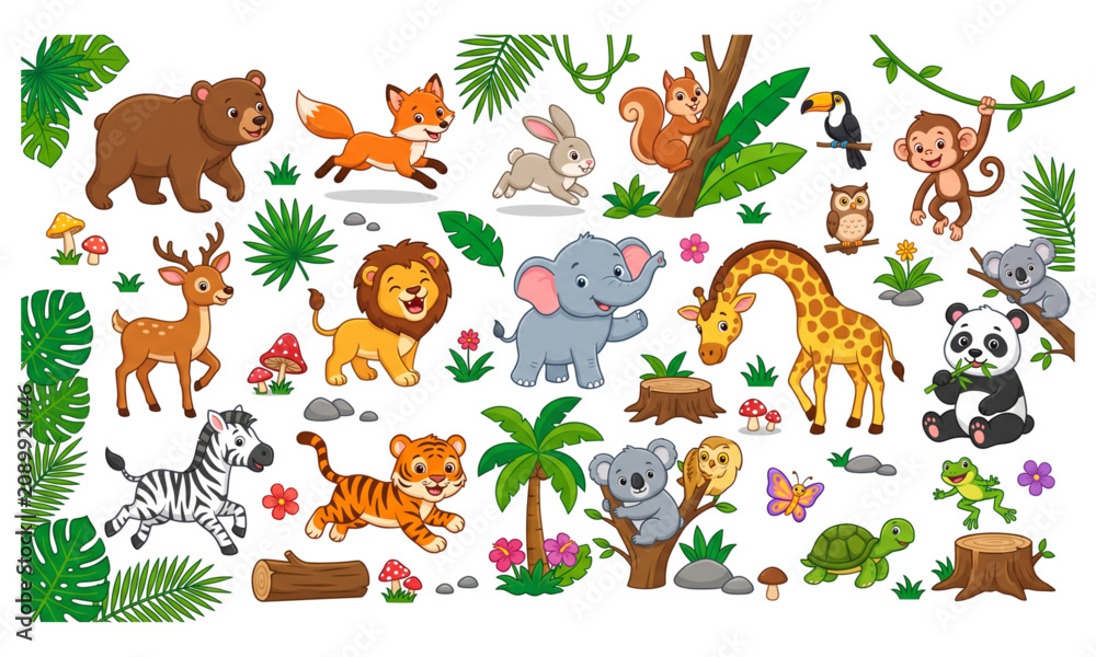 Obraz premium Adorable Woodland and Safari Animals Exploring a Lush Jungle Flat Vector Illustration Isolated on White Background