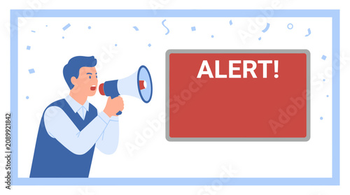 Fotografie Man holding megaphone announcing alert to people in public urban environment