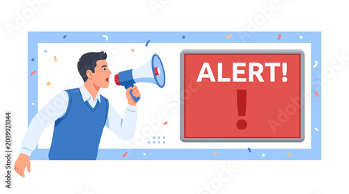 Photos Man holding megaphone alerting people with a sign