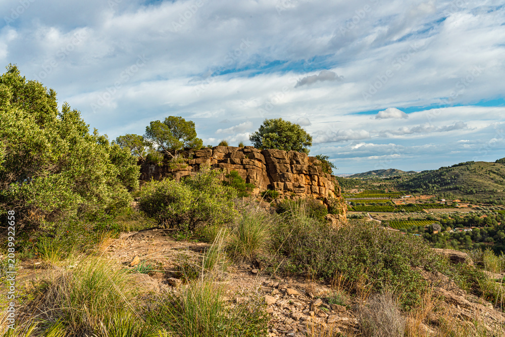 Obraz premium Wild Mediterranean scrubland frames a sandstone cliff above the fertile Turia valley. Ideal for rural travel, ecotourism, and Spanish countryside editorial projects seeking untamed natural.
