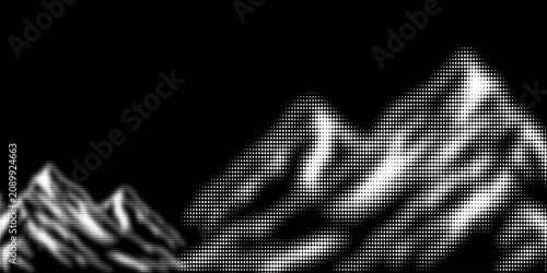 Black halftone mountain range silhouette. Grunge texture landscape terrain. Fading grainy hill chain wallpaper. Vanishing dotted noise mountain peak background. Vector scenery rock illustration