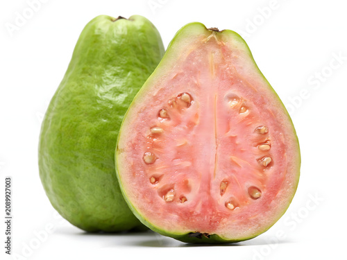Fresh green guava fruit and sliced guava for food and nutrition concept, isolated on white background