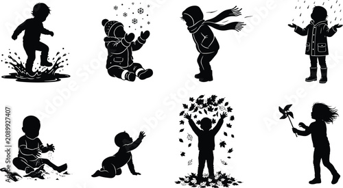 Φωτογραφία Children and four seasons weather silhouette vector set showcasing kids experien