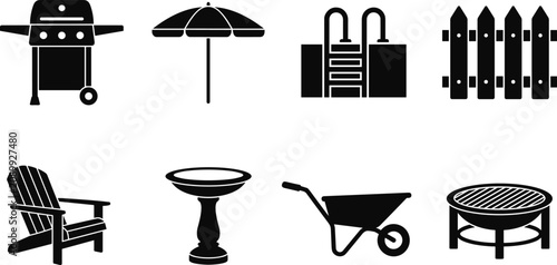 Konstfotografi Backyard and garden equipment silhouette vector set featuring patio furniture ba