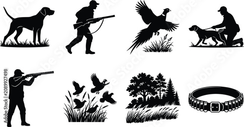 Foto Bird hunting vector silhouette set featuring hunters gundogs flying pheasant qua