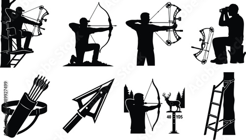 Fotografie Archery and bowhunting silhouette vector set featuring hunters compound bows arr