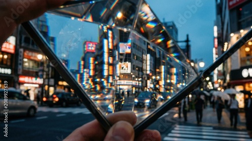 Reflection of Modern Cityscape at Dusk Through Handheld Glass Prism