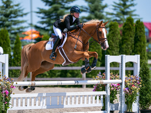 Show jumping competition, jumping over a barrier on a horse, blonde, female rider