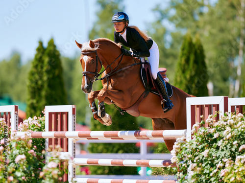 Show jumping competition, jumping over a barrier on a horse, blonde, female rider
