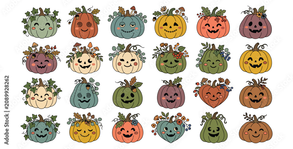 Fototapeta premium Collection of twenty four cute decorative pumpkins for halloween harvest or autumn fall festivals.