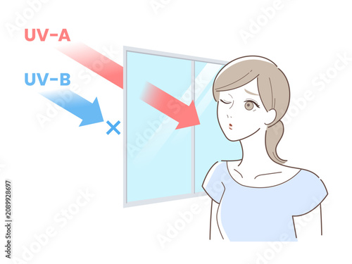 UV-Aは窓ガラスを通過しUV-Bは遮断される仕組みを解説する美容イラスト