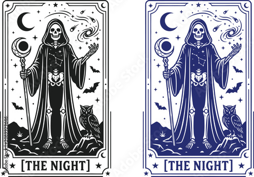 Halloween tarot card designs grim reaper crescent moon and owl mystical illustrations for occult decor