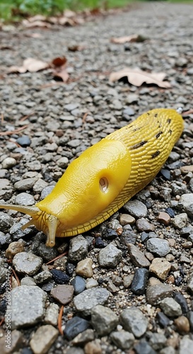 A yellow slug with a distinctive pattern lies on a gravel path