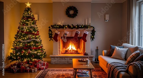 Cozy living room with Christmas tree, fireplace, and warm decorations