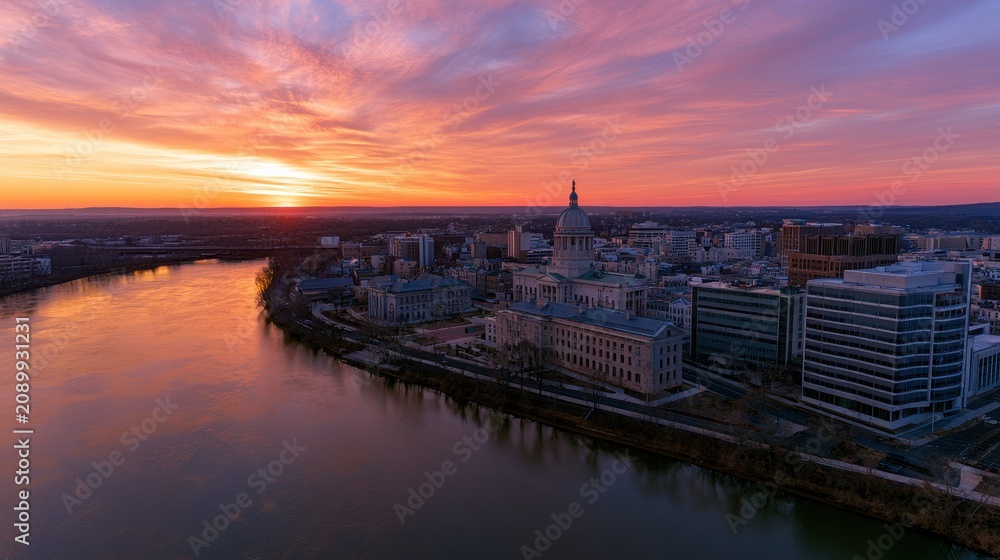 Fototapeta premium Sunset skyline over Trenton, New Jersey: panoramic view of capitol dome and glowing riverfront