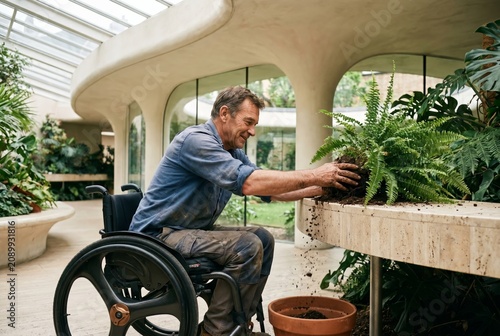 Man in modern wheelchair tending plants at elevated planting table in green atrium, accessible gardening future