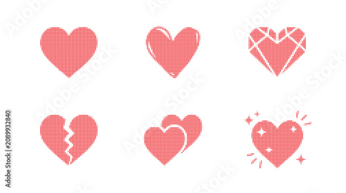 Collection of red pixelated heart icons with different designs and effects on transparent background.