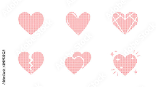 Various pixelated red heart symbols rendered with different effects and compositions on a clean background.