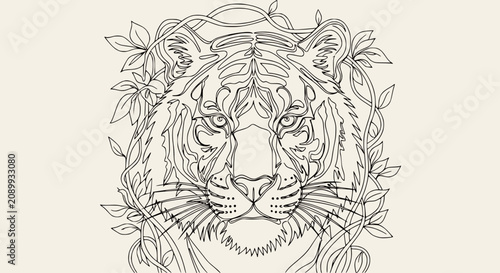 Photography Elegant Tiger Face Line Art with Floral Wreath, Wild Animal Illustration