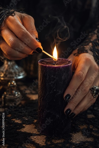Woman lighting black candle on lace table cloth with dark gothic aesthetic vibe