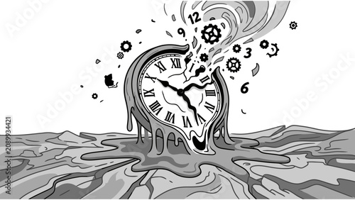 Canvastavla Surreal melting pocket watch vector illustration with gears and numbers dissolvi