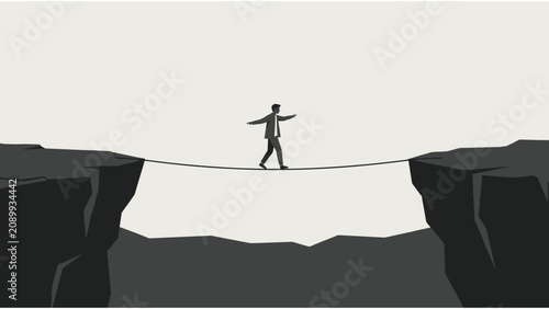Businessman walking on tightrope between two cliffs vector illustration for risk management and business challenge