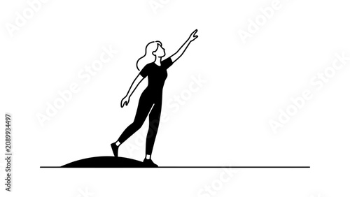 Obraz na plátně Minimalist line art vector of a woman standing on a hill reaching up towards the