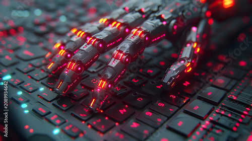 High-Detail 3D Scene of Robot Hand Interacting with Laptop Keyboard, Glowing Fingertips, Technology Innovation Concept

