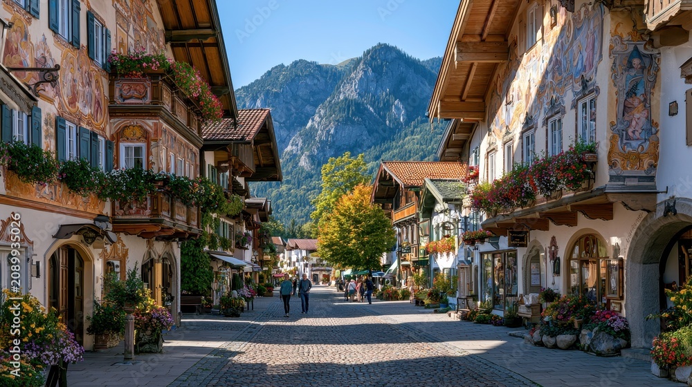 Fototapeta premium Cobbled lane in a Bavarian village with LÃ¼ftlmalerei facades and flowers
