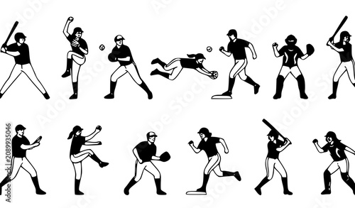 Fotografie Baseball and Softball Players Flat Vector Set with Batter Pitcher Catcher and Fi