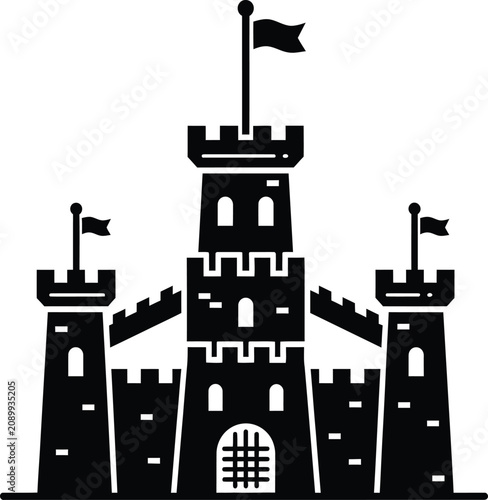 Black silhouette icon of a medieval castle with three towers and flags on top