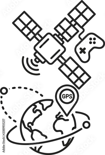 Satellite icon with game controller and gps location pin on earth globe for cloud gaming and satellite technology