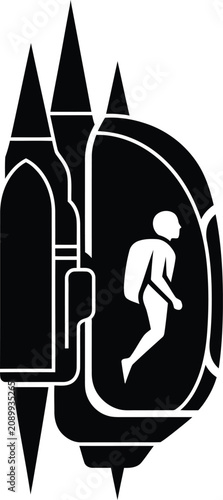 Black silhouette icon of a person wearing a parachute backpack for skydiving or extreme sport adventure activity