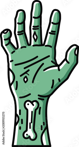 Scary green zombie hand illustration with visible bone for halloween theme