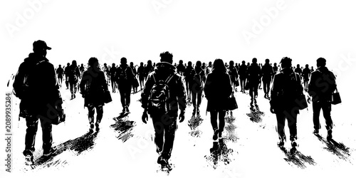 Dynamic illustration of a large crowd of people walking together, representing urban life, community, commuting, diversity, movement, and public gatherings.