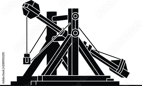 Black silhouette icon of a medieval wooden catapult war weapon for launching heavy projectiles in ancient battles