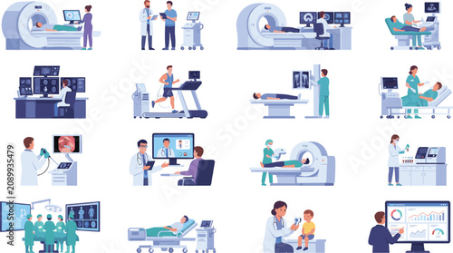 Medical Diagnostic and Healthcare Technology Icon Set Featuring MRI Scans, X-rays, Surgery, Ultrasound, and Laboratory Tests for Hospital and Clinic Designs