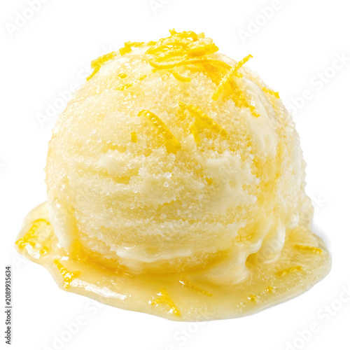 Melting lemon sorbet with zest isolated on transparent background