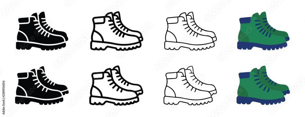 Fototapeta premium Eight pairs of hiking boots in different colors and line art styles for design and illustration various footwear icons