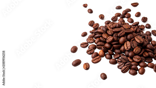 Tableau sur toile Pile of raw dark roasted aromatic coffee beans isolated on transparent backgroun