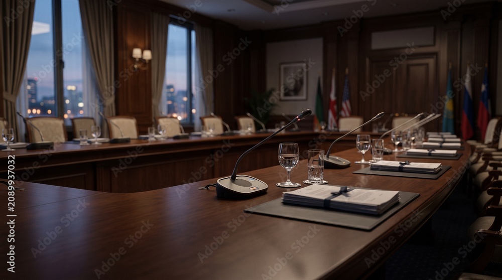 Empty international negotiating table after a delicate meeting, microphones turned off, water glasses, blurred confidential documents.