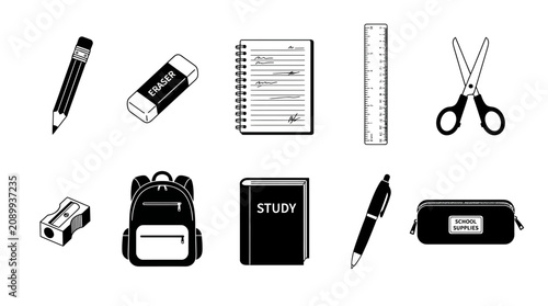 Collection of School Supplies Icons in Black and White
