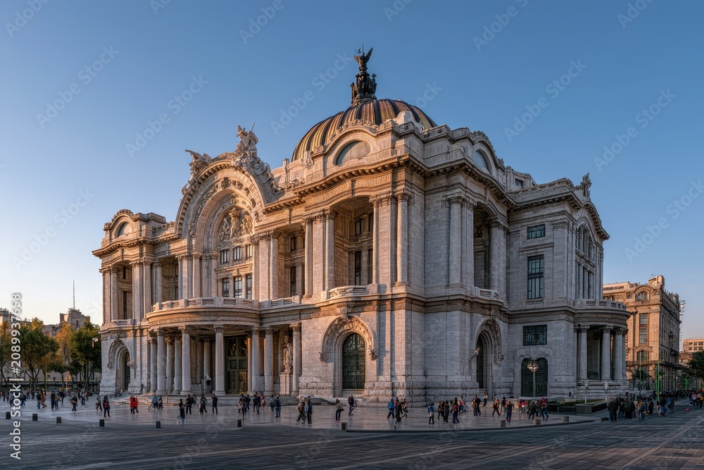 Obraz premium Palacio de Bellas Artes exterior view, Mexico City — neoclassical marble facade with pink granite accents at golden hour