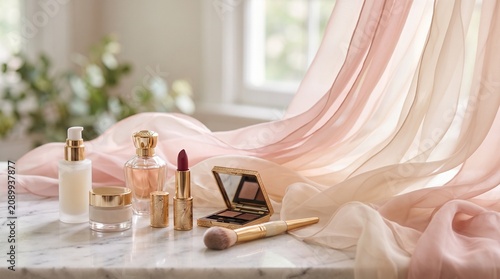 beauty products on marble table with pink fabric
