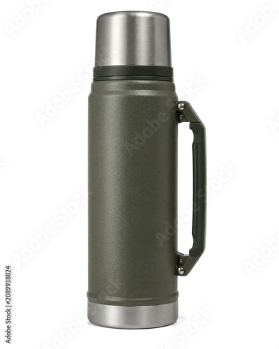 Green stainless steel thermos with handle isolated on transparent background