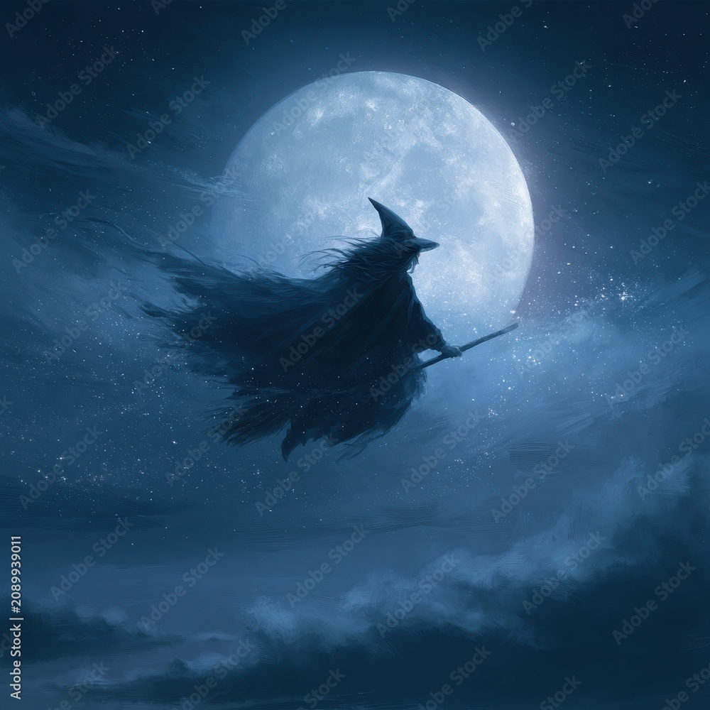 Fototapeta premium Silhouette of a witch riding a broom against a radiant full moon in a magical night scene