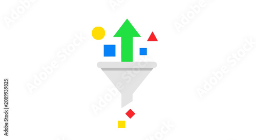 Photography Data filtering and analysis concept with funnel and growth arrow