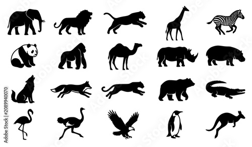 Canvas Print Black Wildlife Animal Silhouette Collection Featuring Elephant Lion Giraffe Bear