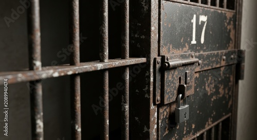 Rusty prison cell door with number 17 and padlock