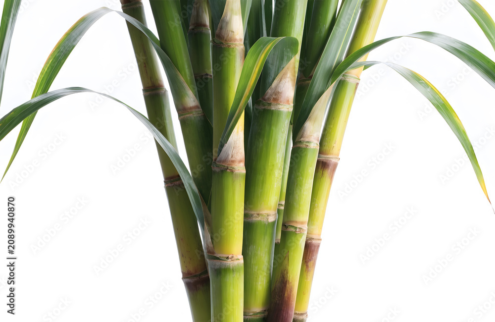 Obraz premium Fresh green sugarcane stalks. Natural plant growth and agricultural farming. A close up of organic green sugar cane stems isolated on white